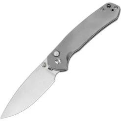 CJRB Pyrite Button Lock Folding Knife Gray Titanium Handle AR-RPM9 Plain Edge Stonewash Finish CJ1925TI
