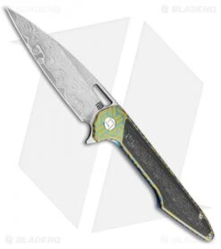 Artisan Cutlery Archaeo Frame Lock Flipper Knife Green Ti/CF (3.75" Damascus)
