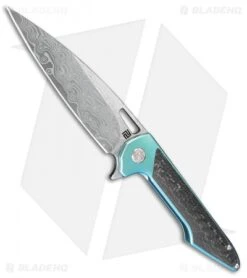Artisan Cutlery Archaeo Frame Lock Flipper Knife Teal Ti/CF (3.8" Damascus)