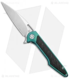Artisan Cutlery Small Archaeo Frame Lock Flipper Knife Green Ti/CF (3" Damascus)