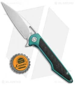 Artisan Cutlery Small Archaeo Frame Lock Flipper Knife Green Ti/CF (3" Damascus) -Pocket Knife Shop Artisan Cutlery Small Archaeo FL Green Ti CF Damascus ATZ1821GSDGN BHQ 93342 jr bottlecap