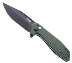 CJRB Riff Button Lock Folding Knife Green Micarta Handle AR-RPM9 Clip Point Plain Black Blade J1928-BMGN