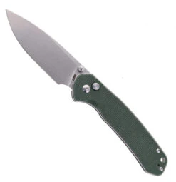 CJRB Large Pyrite Button Lock Folding Knife Green Micarta Handle AR-RPM9 Plain Edge Stonewash Finish J1925L-ODG